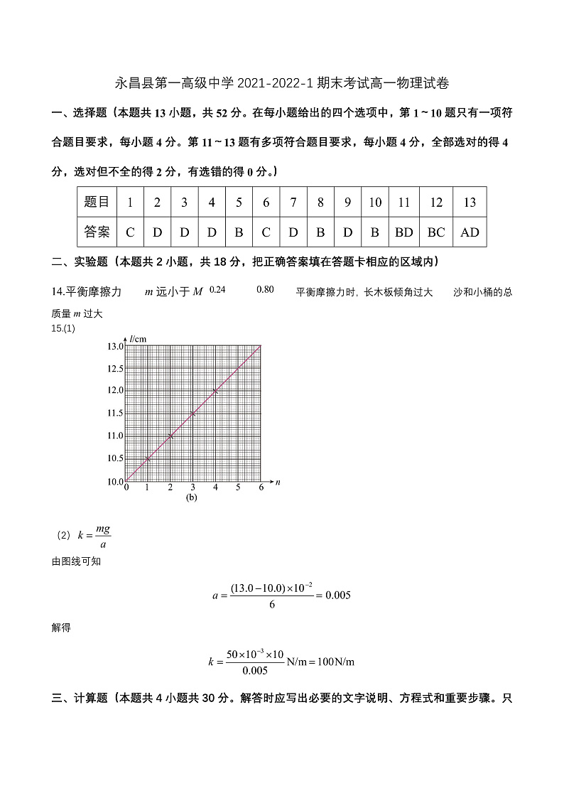 甘肃省金昌市永昌县第一高级中学2021-2022学年高一上学期期末考试物理答案第1页