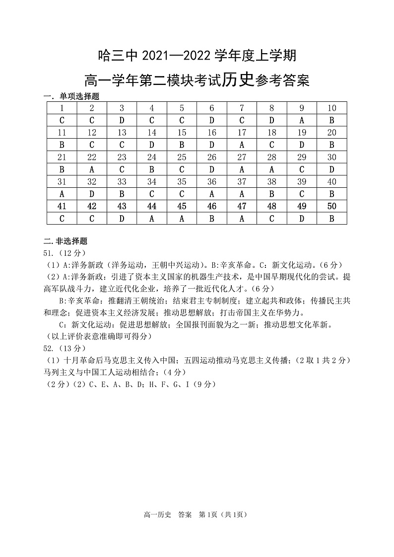 黑龙江省哈尔滨市第三中学2021-2022学年高一上学期期末考试历史试题PDF版含答案01