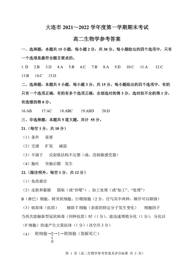 辽宁省大连市2021-2022学年高二上学期期末考试生物试题PDF版含答案01