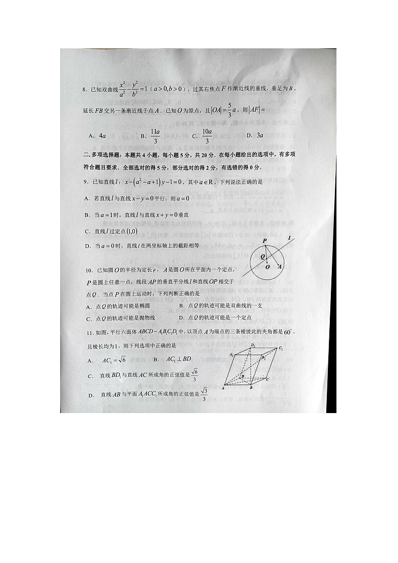 浙江省湖州市2021-2022学年高二上学期期末考试数学试题扫描版含答案02