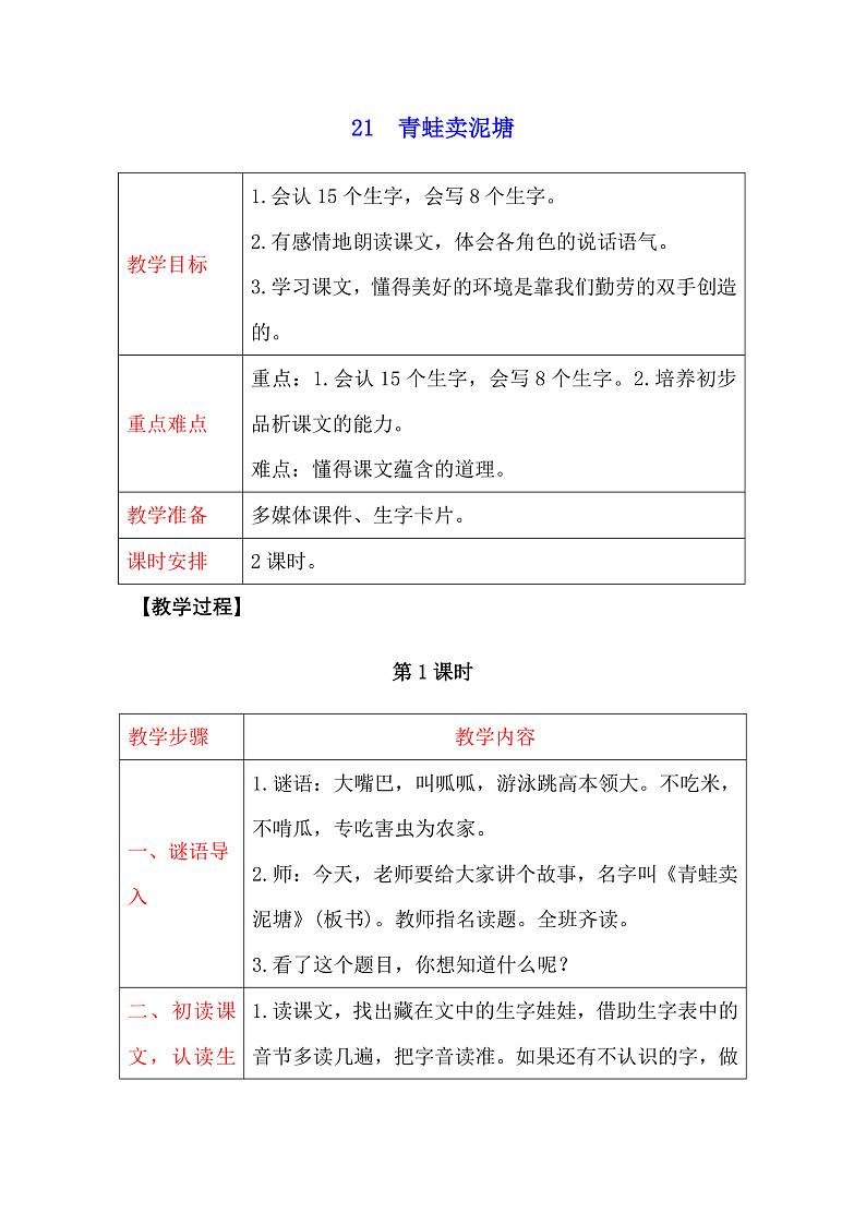 二年级下册语文教案-21　青蛙卖泥塘 人教部编版第1页