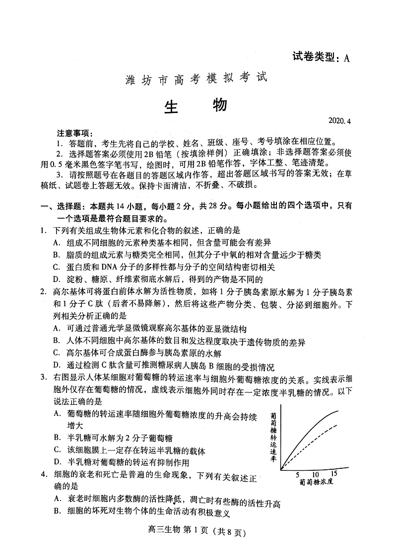 山东省潍坊市2020届高三一模考试生物试题第1页