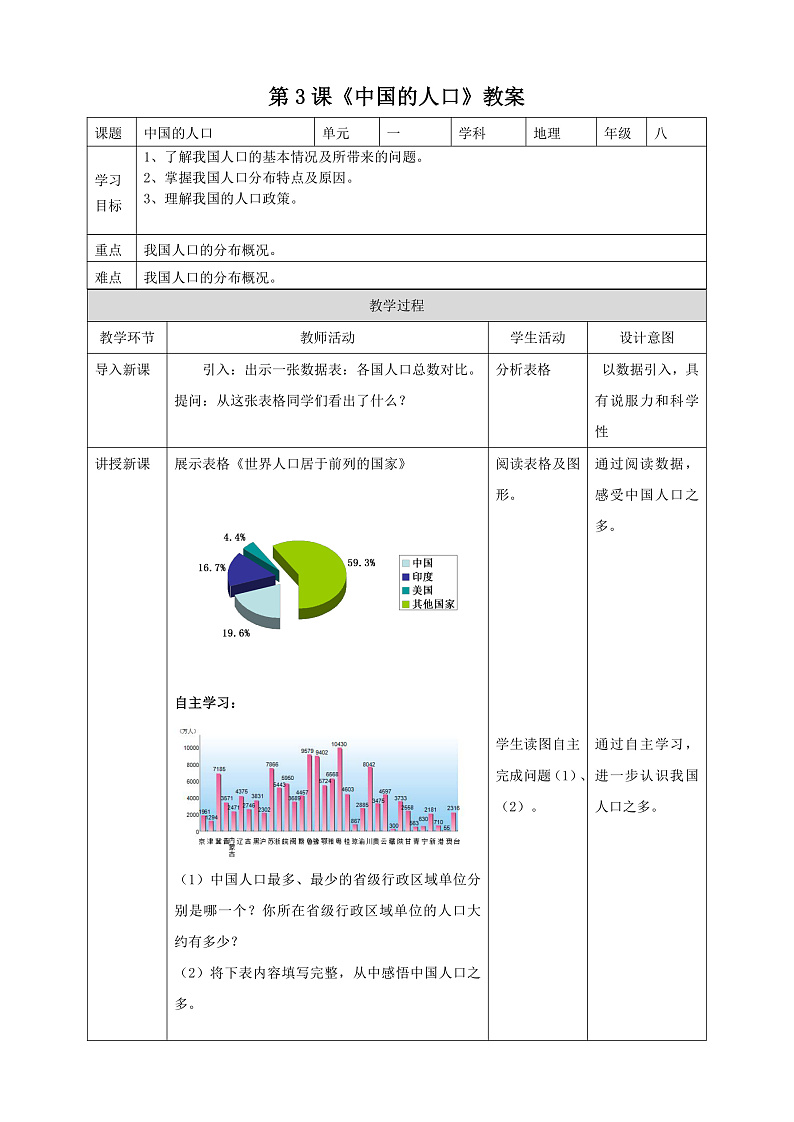 第3课《中国的人口》 教案第1页