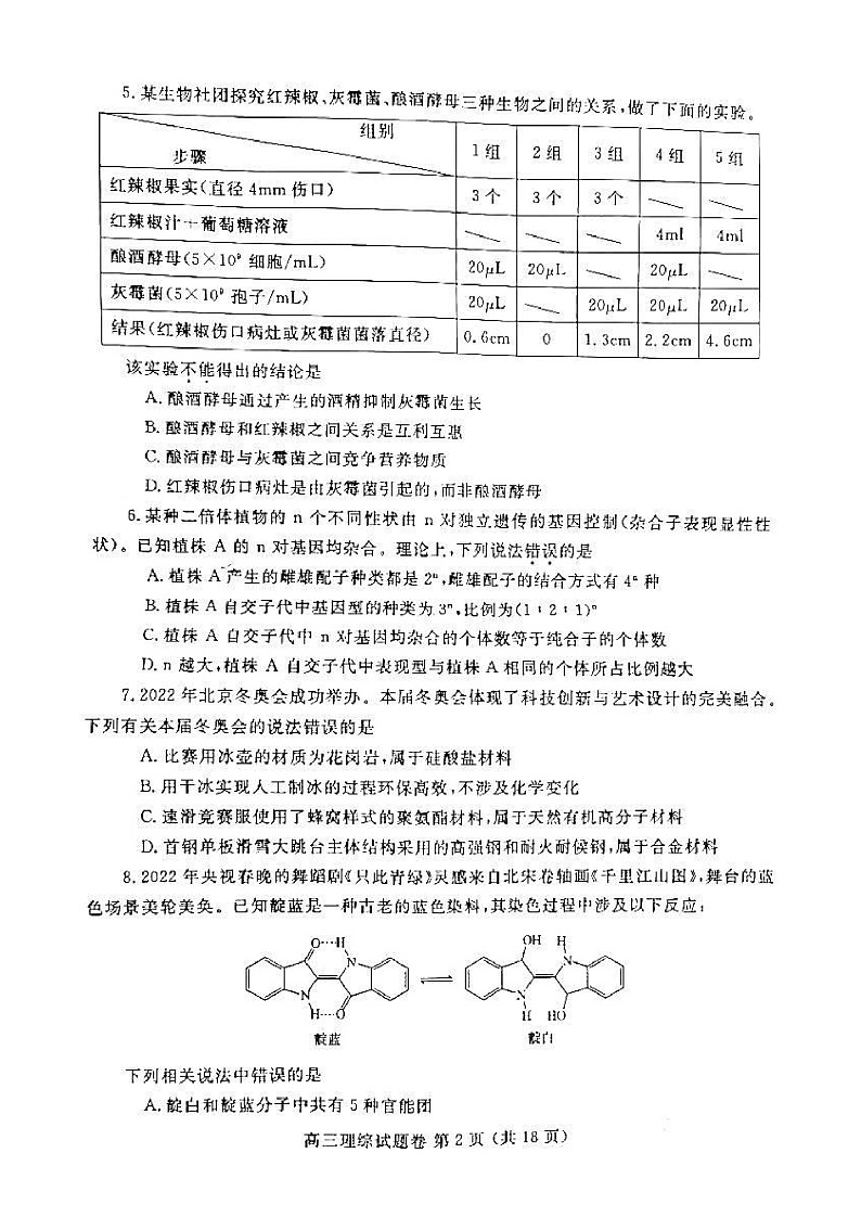2022届河南省郑州市高中毕业班3月第二次质量预测（二模）理科综合试题第2页