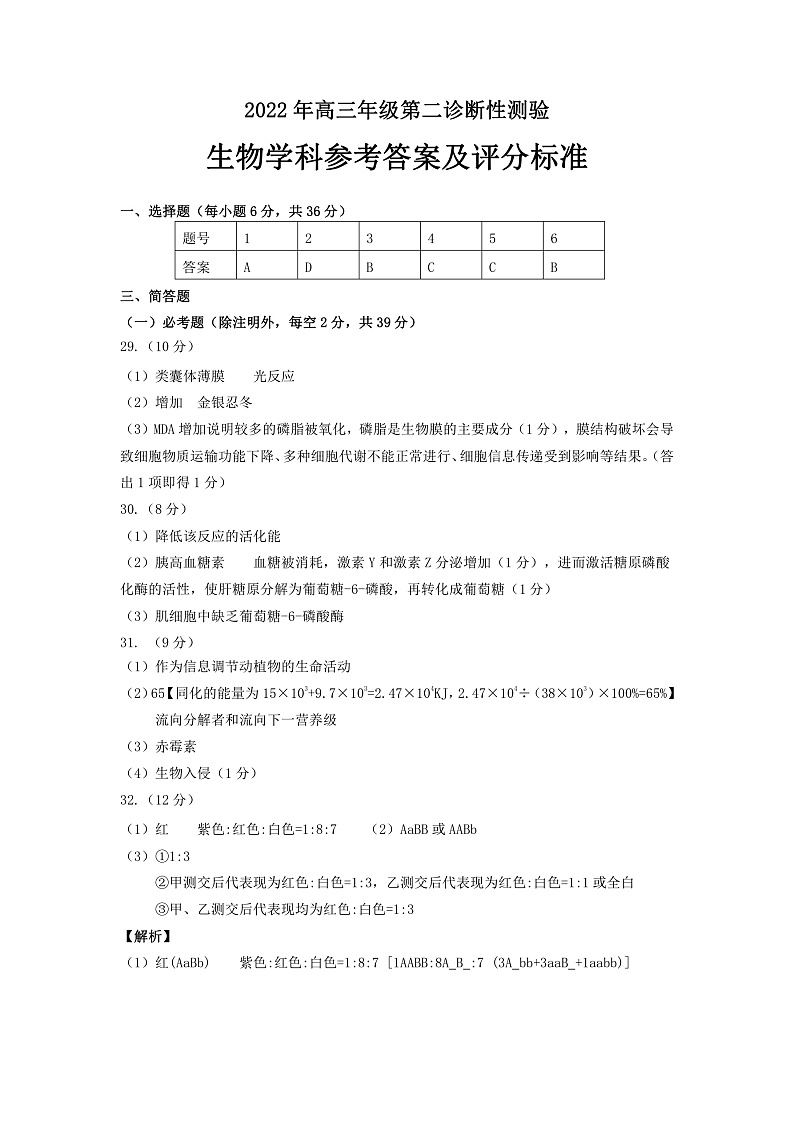 （生物答案） 2022年高三年级第二次诊断性测试第1页