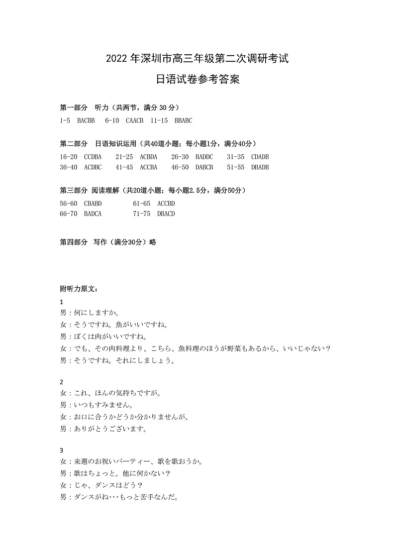 2022深圳高三下学期第二次调研考试（二模）（4月）日语PDF版含答案（含听力）01