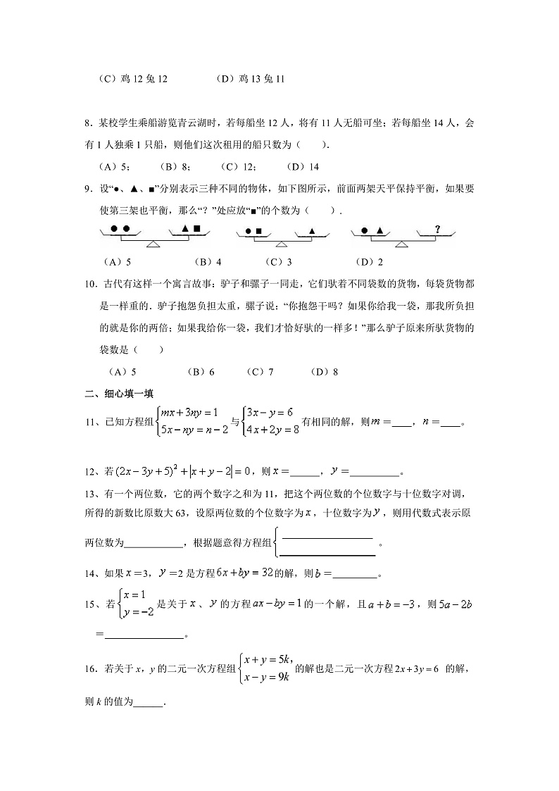 苏科版数学七年级下册《二元一次方程组》单元测试卷04（含答案）第2页