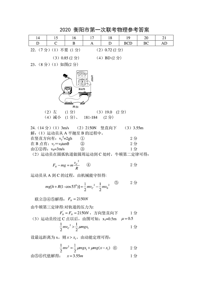 2020 衡阳市第一次联考物理参考答案(1)第1页
