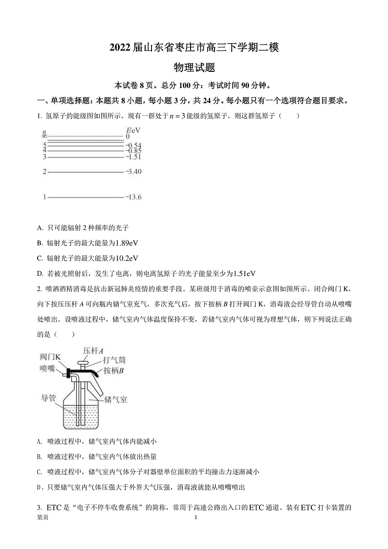 2022届山东省枣庄市高三下学期二模物理试题（PDF版）01