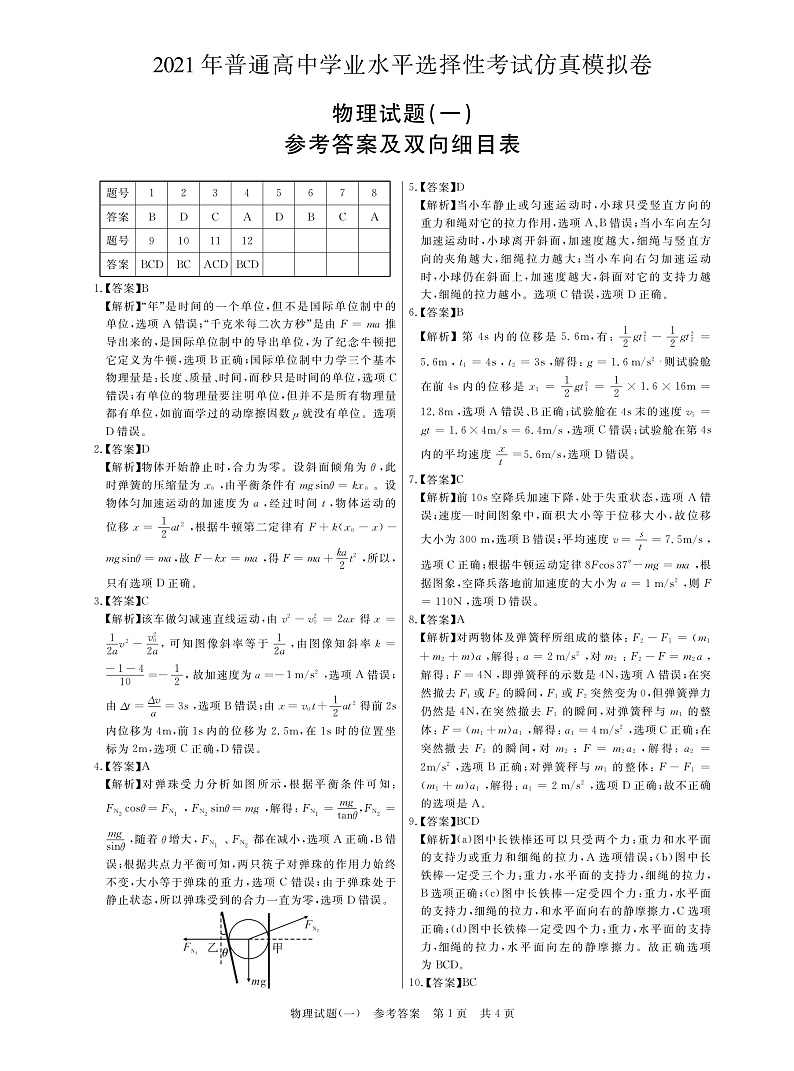 物理（一）答案第1页