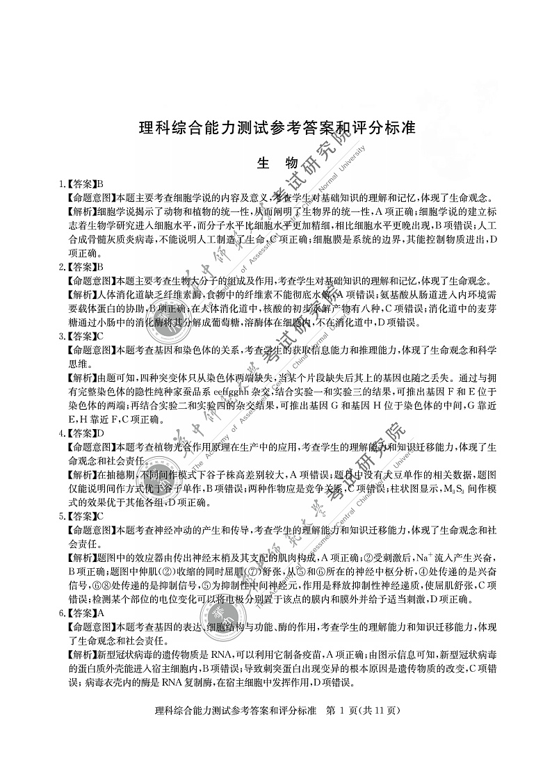 2022届高三元月调研考试-理科综合答案第1页