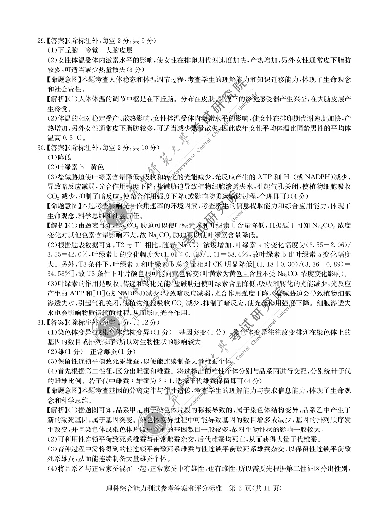2022届高三元月调研考试-理科综合答案第2页