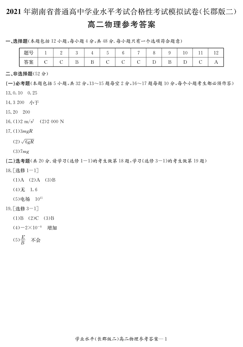 湖南省2021届普通高中学业水平合格性考试模拟（长郡版二）物理试题（高二） pdf版01