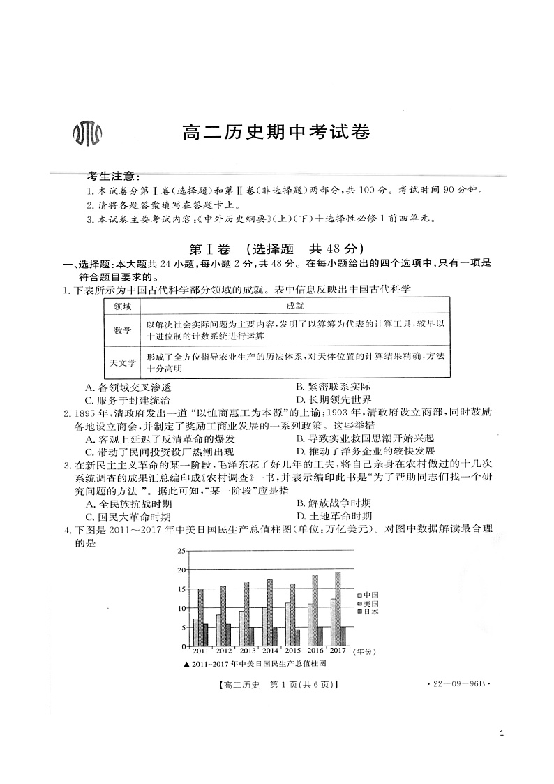 2021-2022学年云南省高二上学期期中考试历史试题（PDF版）第1页