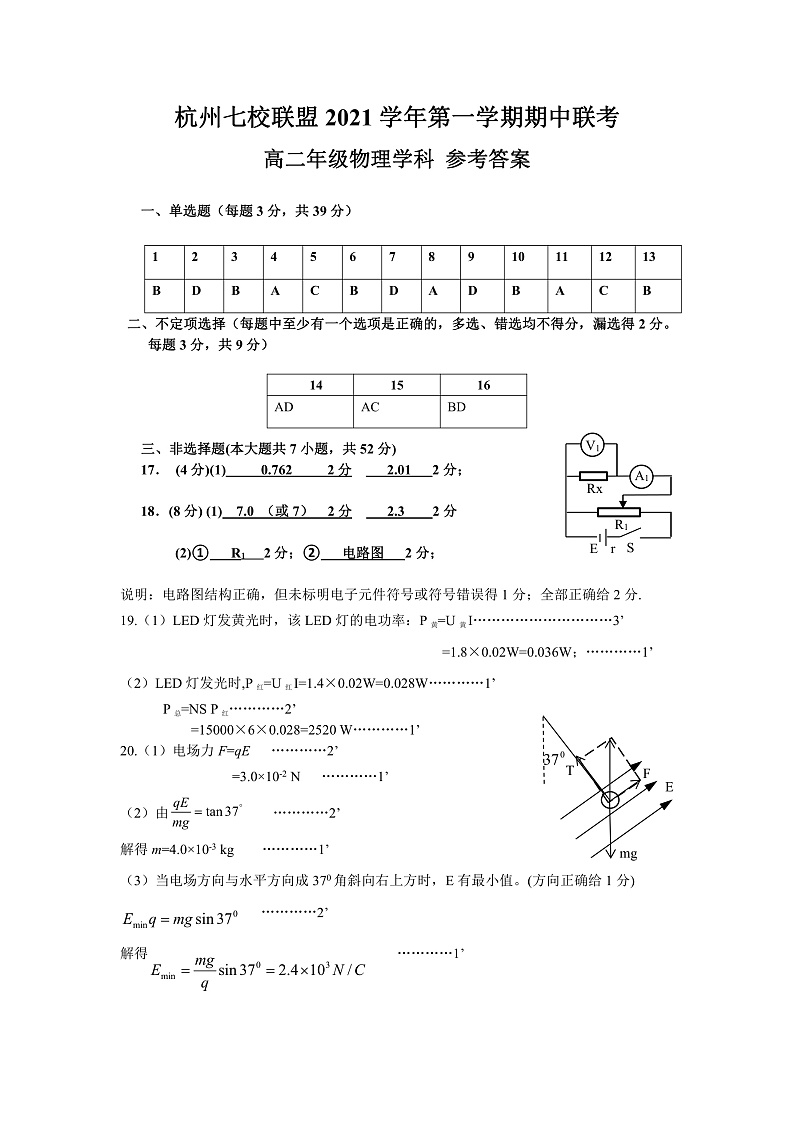 浙江省杭州八校联盟2021-2022学年高二上学期期中联考物理答案（定稿）第1页
