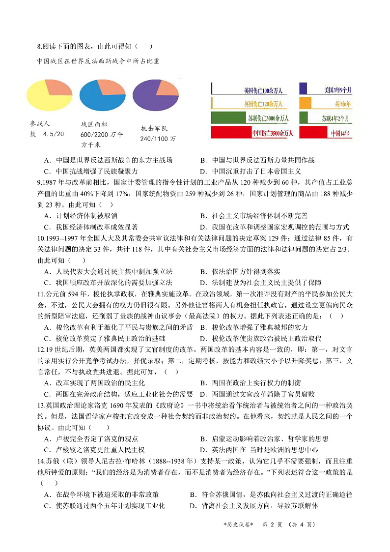 湖北省新高考联考2022届高三上学期期末考试历史试卷（PDF版）第2页