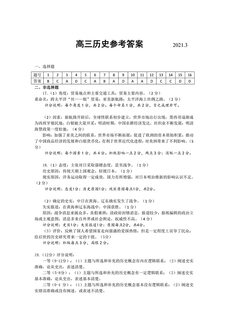 广东省2021届高三综合能力测试（一）历史答案（PDF版）第1页