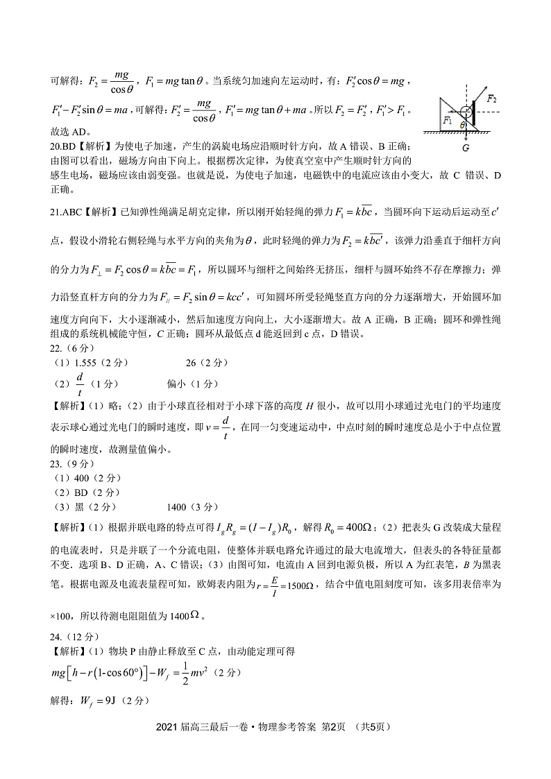 物理·最后一卷参考答案第2页