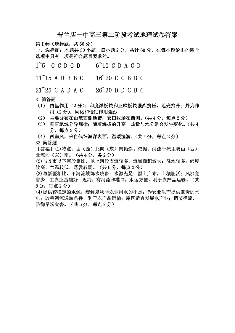 普兰店一中高三第二阶段考试地理试卷答案第1页