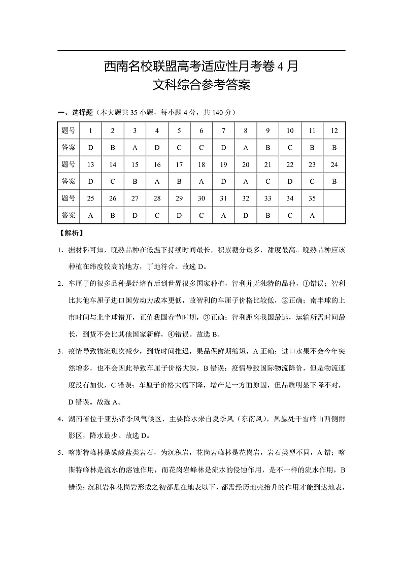 西南名校联盟高考适应性月考卷4月文科综合-答案第1页