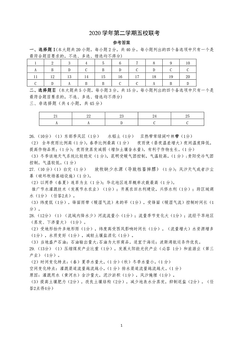 2021绍兴一中、效实中学、杭州高级中学等五校高三下学期5月联考地理试题PDF版含答案01