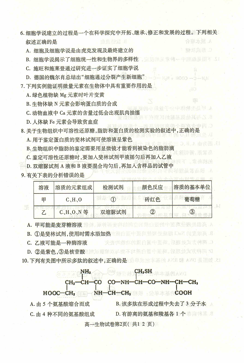 河北省定州市2019-2020学年高一上学期期中考试生物试题 PDF版含答案第2页