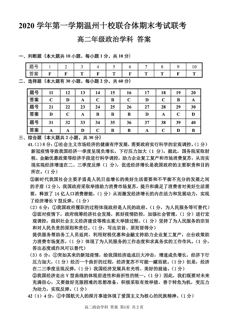 2020-2021学年浙江省温州市十校联合体高二上学期期末联考政治试题  PDF版01