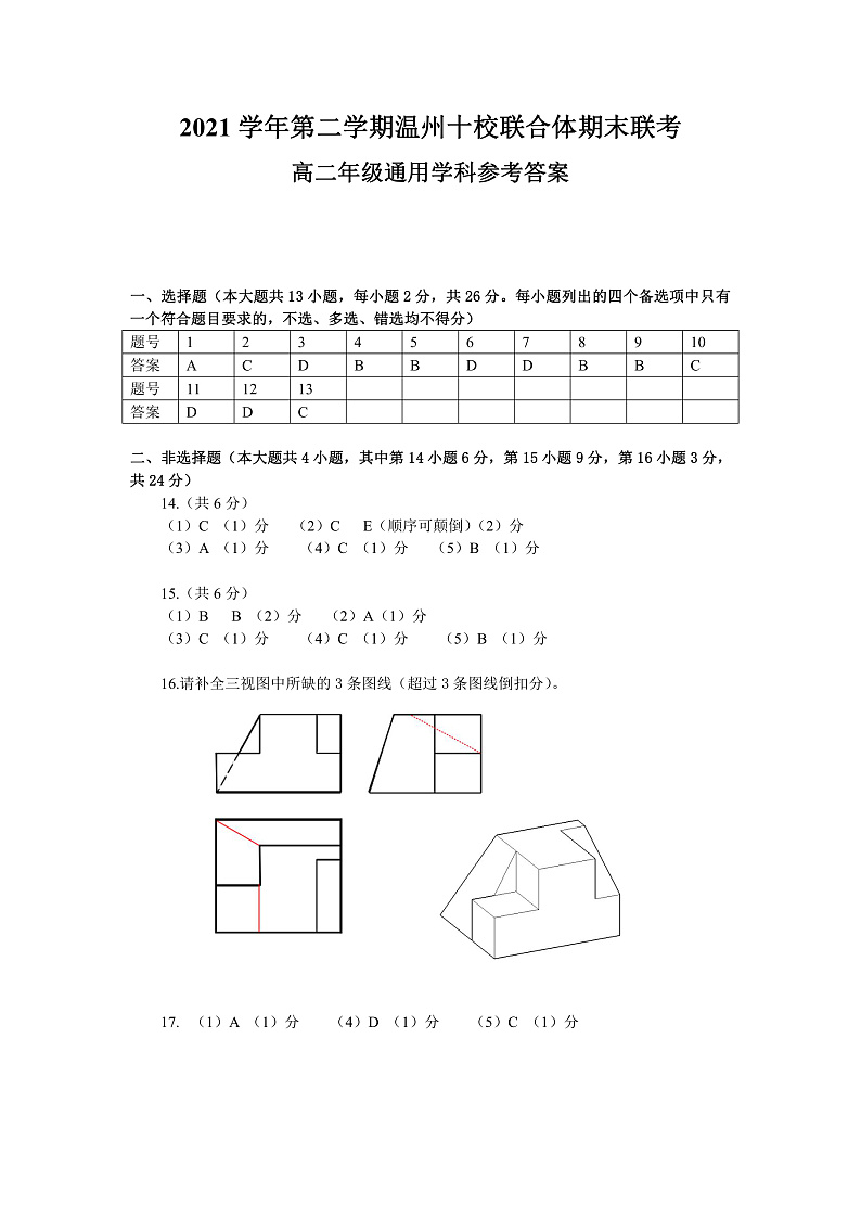 2021-2022学年浙江省温州市十校联合体高二下学期期末联考 通用技术 （PDF版）01