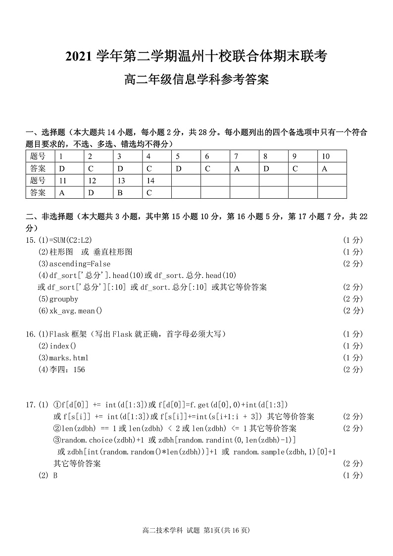 2021-2022学年浙江省温州市十校联合体高二下学期期末联考 信息技术 （PDF版）01
