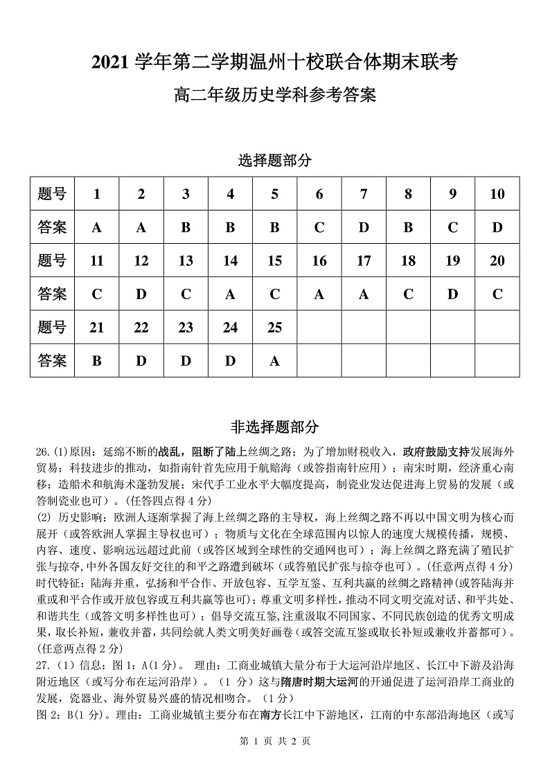 2021-2022学年浙江省温州市十校联合体高二下学期期末联考 历史 （PDF版）01