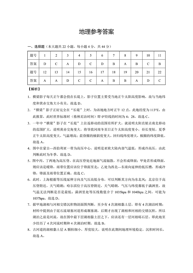云南师大附中2023届高考适应性月考卷（一）地理-答案第1页