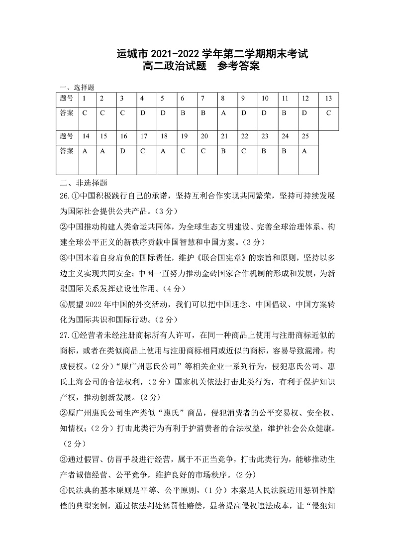 山西省运城市2021-2022学年高二下学期期末调研测试政治试题答案第1页