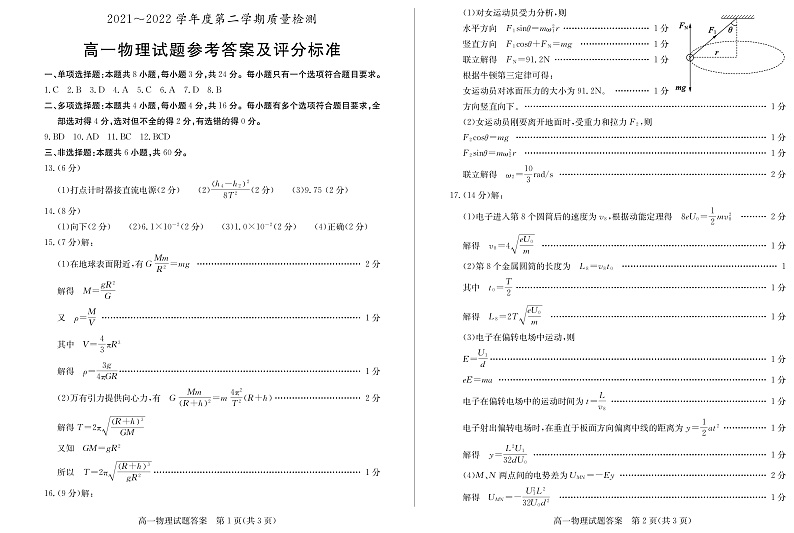 山东省枣庄市2021-2022学年高一下学期期末物理物理答案第1页
