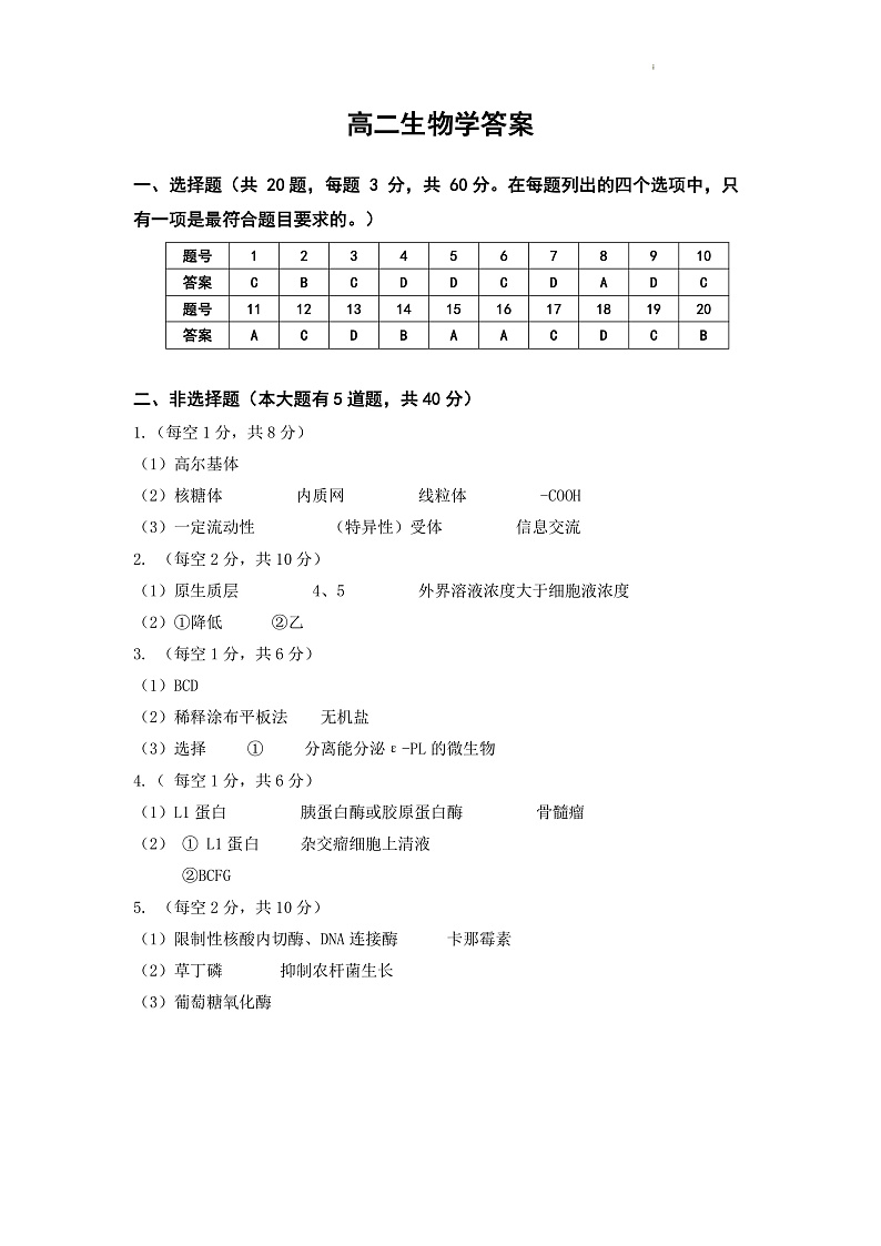 天津市第三中学2021-2022学年高二下学期期末质量检测生物答案第1页