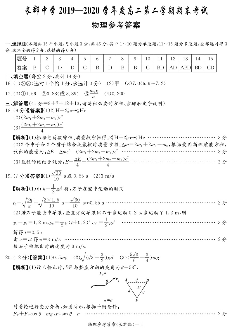 湖南省长沙市长郡中学2019-2020学年高二下学期期末考试物理答案第1页