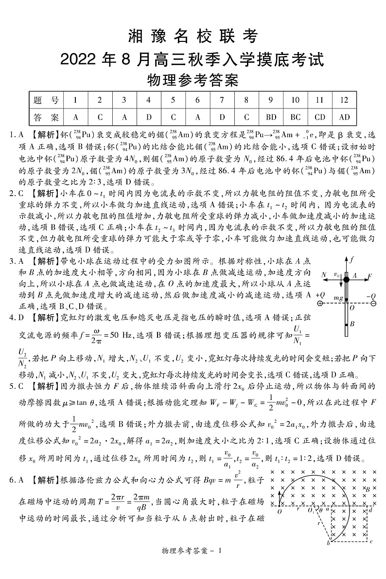 河南省22.8湘豫名校物理答案第1页
