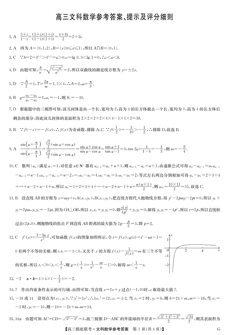 23届联盟高三摸底联考巩固卷（老教材老高考）-数学文答案第1页