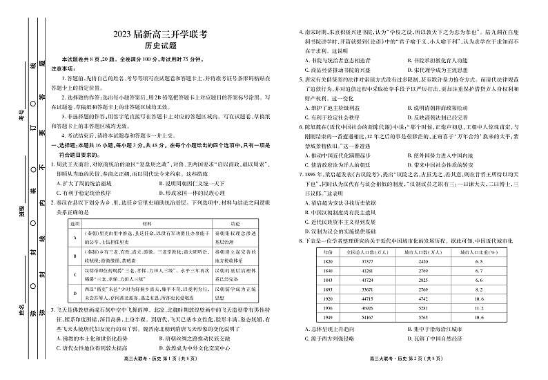 2023届新高三开学联考-历史试题第1页