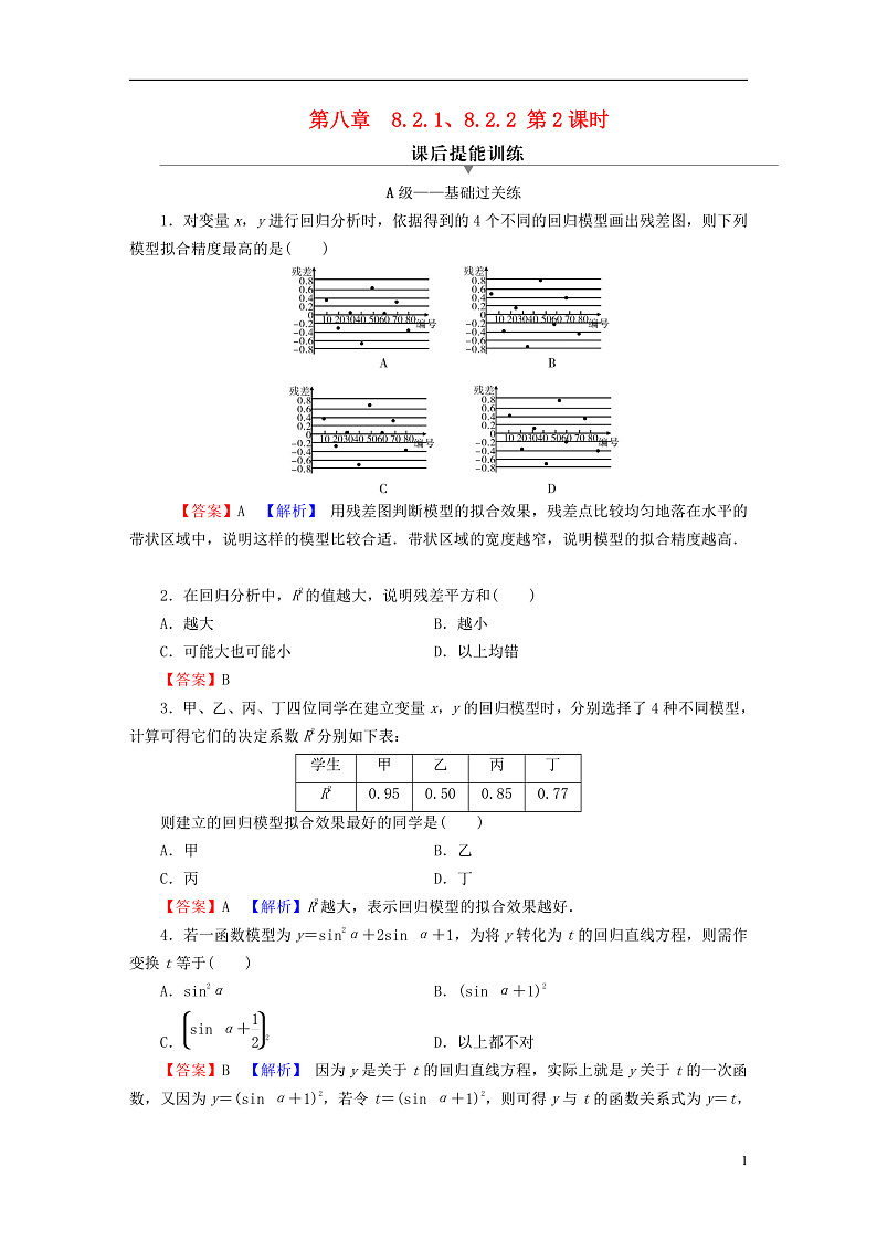 2022秋高中数学第八章成对数据的统计分析8.2一元线性回归模型及其应用8.2.2一元线性回归模型参数的最玄乘估计第2课时对模型刻画数据效果的分析及非线性回归模型课后提能训练新人教A版选择性必修第三册01
