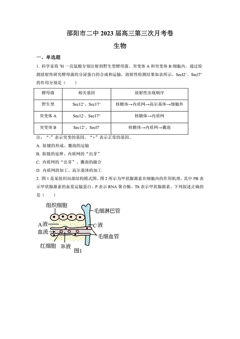湖南省邵阳市二中2022-2023学年高三上学期第三次月考生物试题（原卷版）第1页