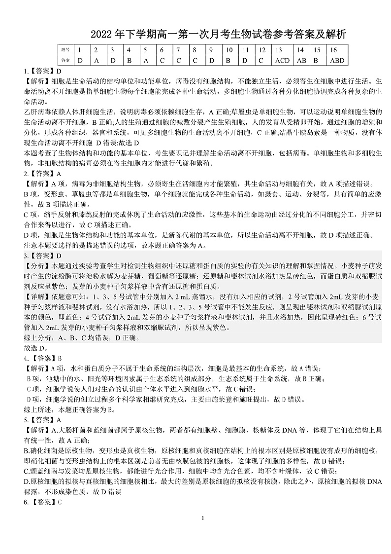 湖南省邵阳市第二中学2022-2023学年高一上学期第一次月考生物答案第1页