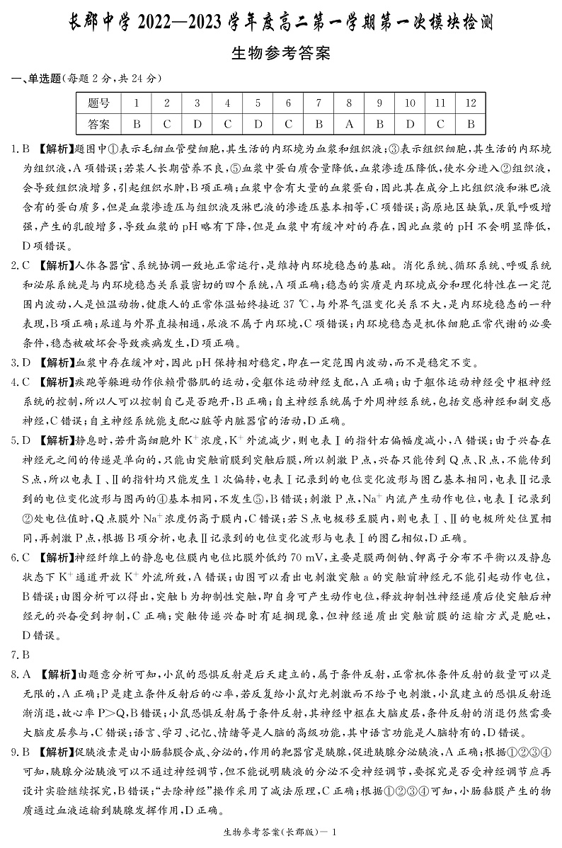 湖南省长沙市长郡中学2022-2023学年高二上学期第一次月考生物答案第1页