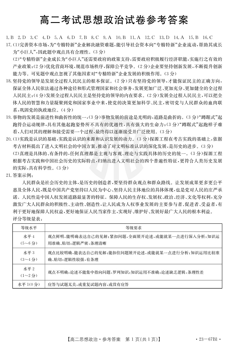 辽宁省2022-2023学年高二 政治 PDF版答案第1页