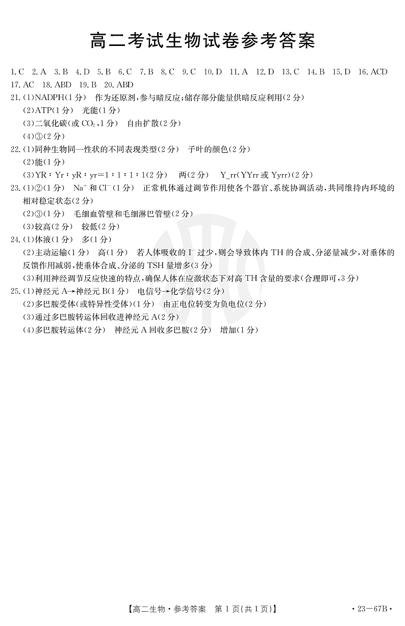 辽宁省2022-2023学年高二 生物 PDF版答案第1页