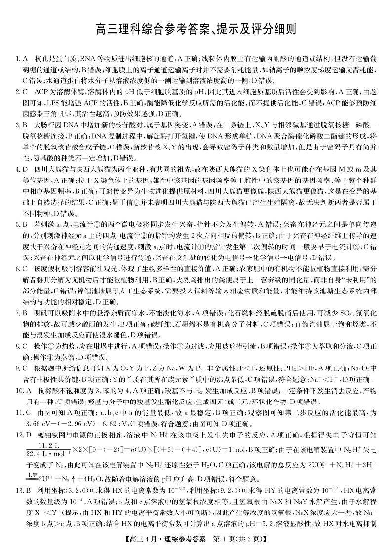 21九师联盟4月联考-理综答案第1页