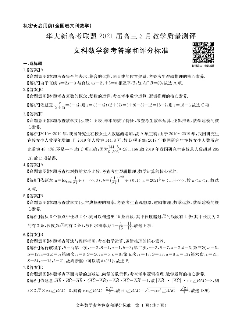 全国卷文数答案--华大新高考联盟2021届3月高三教学质量测评第1页