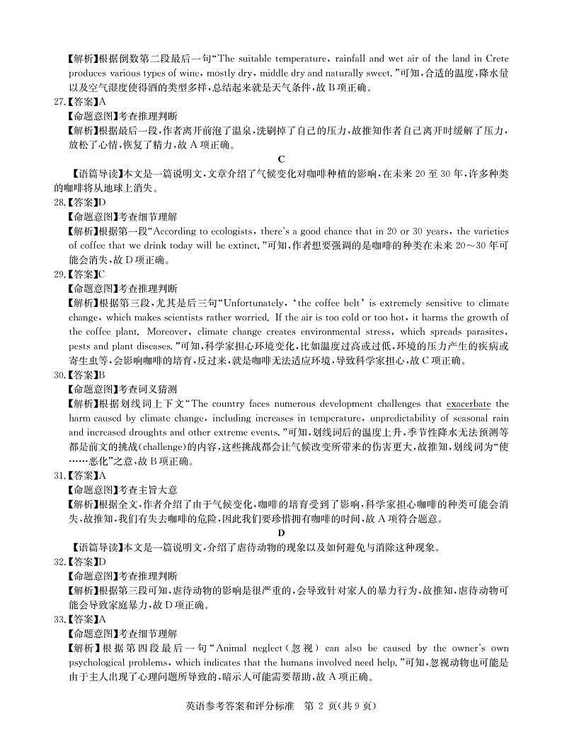 全国卷英语答案--华大新高考联盟2021届3月高三教学质量测评第2页
