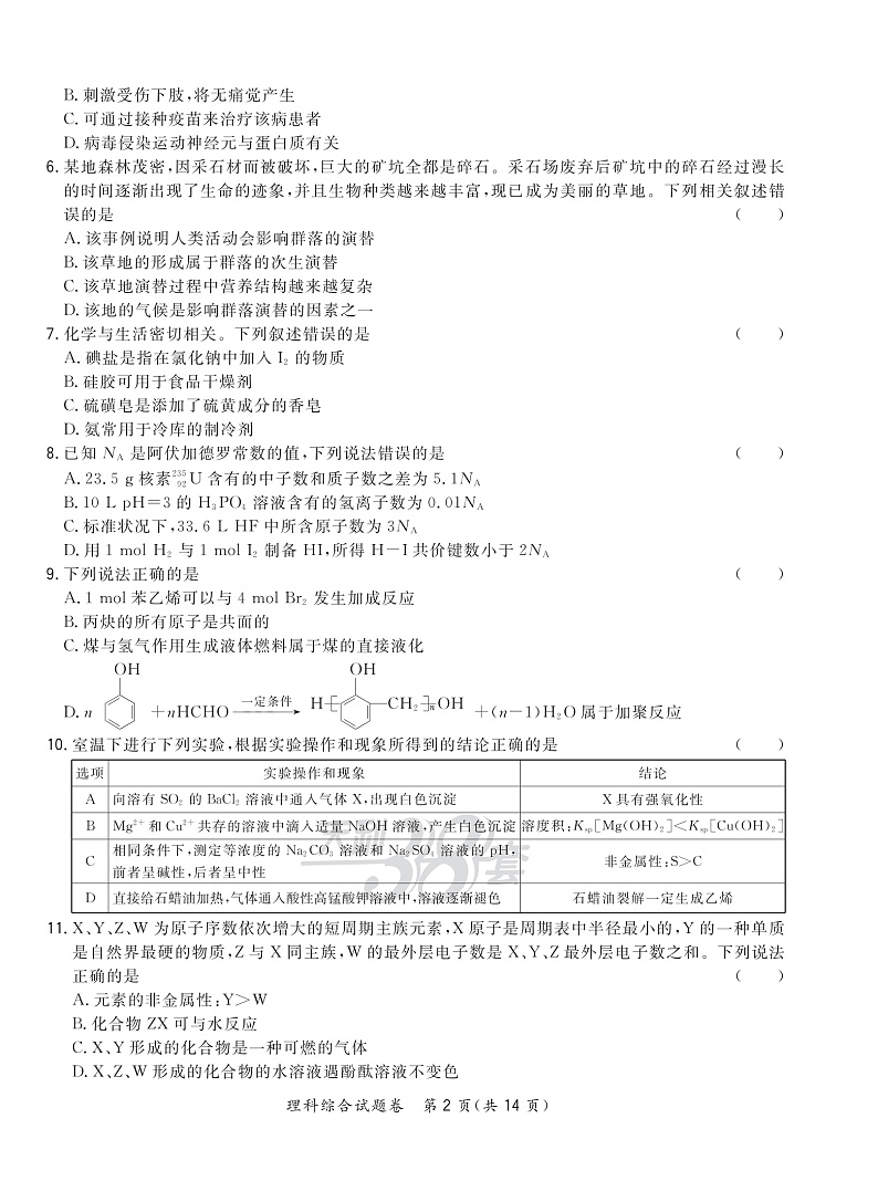 “超级全能生”2020届高三全国卷第一次在线联考—理综正文第2页