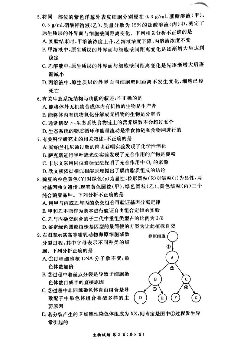 湖南教育联合体2020年7月新高三联考生物第2页