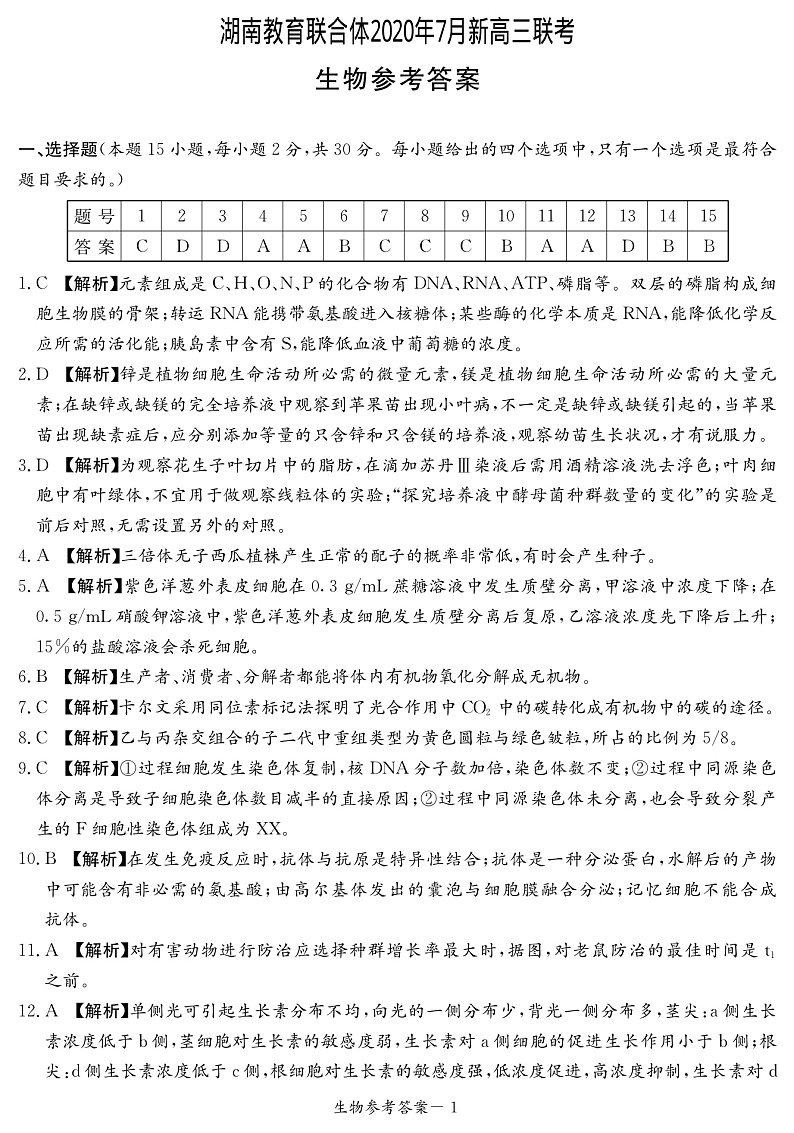 湖南教育联合体2020年7月新高三联考答案（生物）第1页